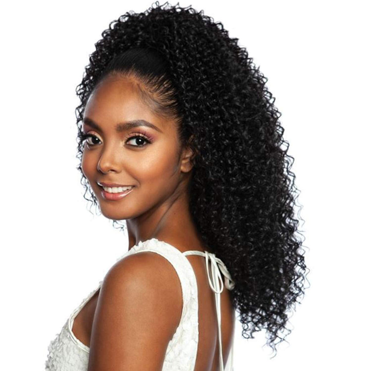 Mane Concept Human Hair Blend Ponytail Brown Sugar Key Curl Wrap N Tie 20" (1B)