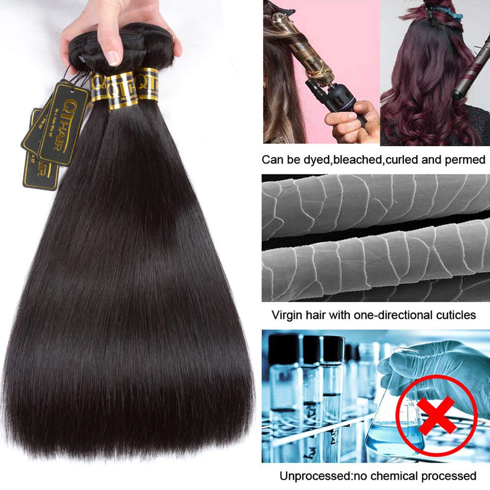 QTHAIR 12A Straight Human Hair(16" 16" 16",300g) Natural Color 100% Unprocessed Human Hair Extensions Indian Virgin Human Hair Weaves Indian Straight Hair