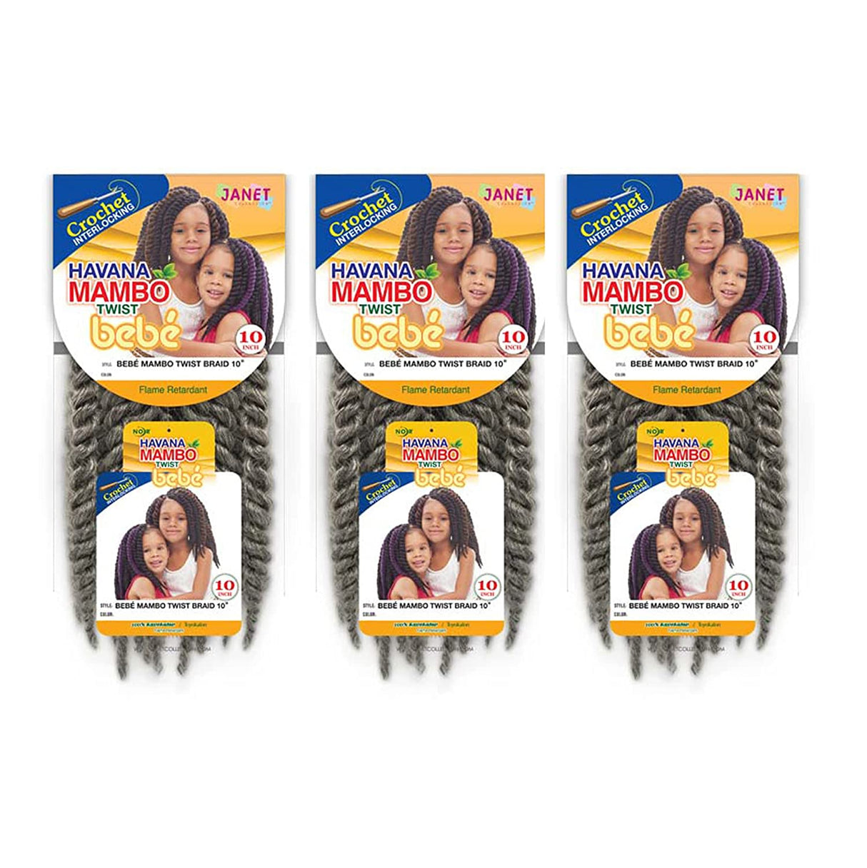 Janet Collection Crochet Interlocking BEBE MAMBO TWIST BRAID 10" (3-Pack, 1)