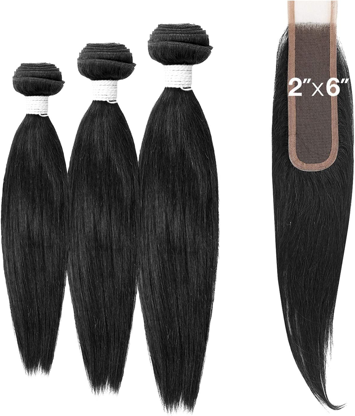 Variety Queen 100% Virgin Remy Human Hair Unprocessed Brazilian Bundle Hair Weave Straight 3Pcs + 2x6 Closure (NATURAL BLACK) (14"+16"+18" with 12")