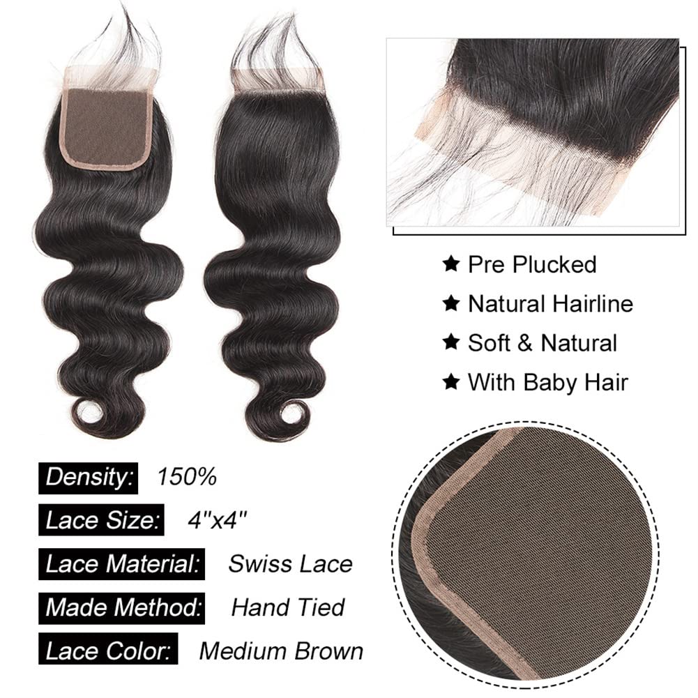 Human Hair Bundles with Closure (22 24 26+20,Free Part) Body Wave Bundles with Lace Closure Brazilian Human Hair Weave Bundles with Closure Virgin Hair Weft 150% Density Natural Color Find Your New Look Today!