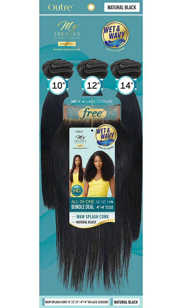 Outre MyTresses Gold Label Unprocessed Human Hair – Wet & Wavy Splash Cork Bundles with 4×4 HD Lace Closure