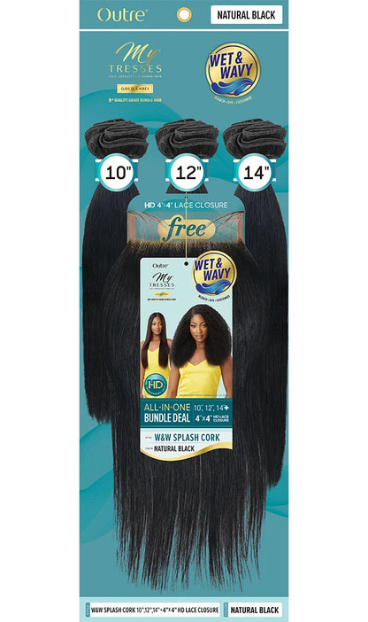 Outre MyTresses Gold Label Unprocessed Human Hair – Wet & Wavy Splash Cork Bundles with 4×4 HD Lace Closure