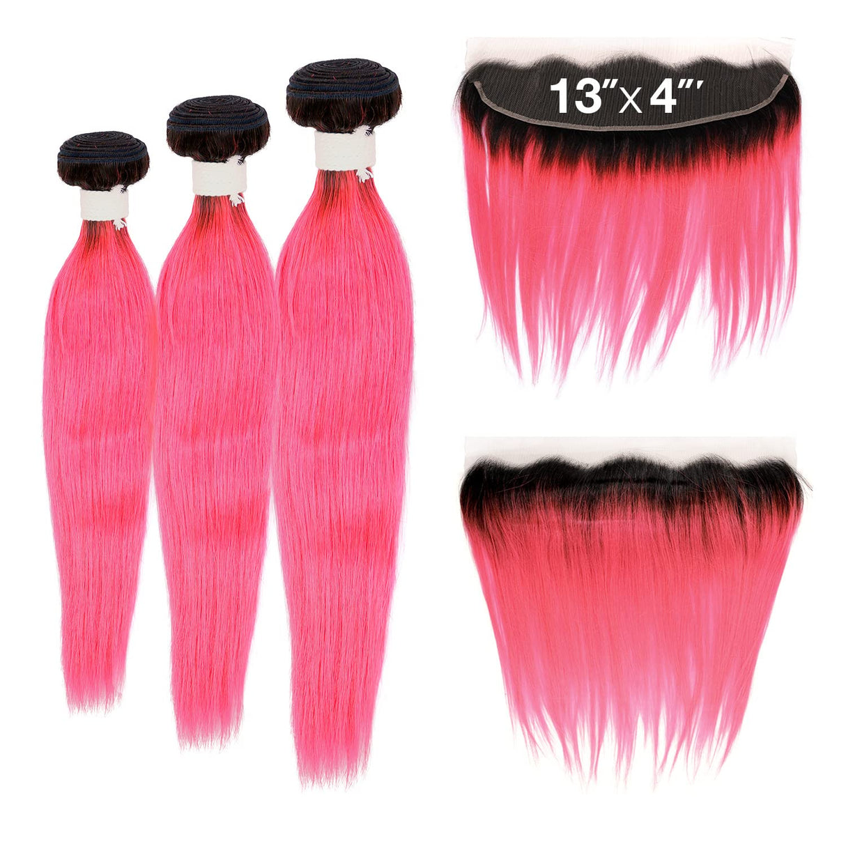 Ali Bundles Unprocessed Brazilian Virgin Human Hair Weave Color Bundles Straight 3Pcs + 13X4 Closure (#OTN/PINK) ([18"+20"+22"with14"], OTN/PINK)