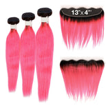 Ali Bundles Unprocessed Brazilian Virgin Human Hair Weave Color Bundles Straight 3Pcs + 13X4 Closure (#OTN/PINK) ([18"+20"+22"with14"], OTN/PINK)