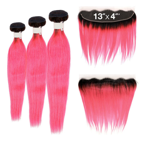Ali Bundles Unprocessed Brazilian Virgin Human Hair Weave Color Bundles Straight 3Pcs + 13X4 Closure (#OTN/PINK) ([18"+20"+22"with14"], OTN/PINK)