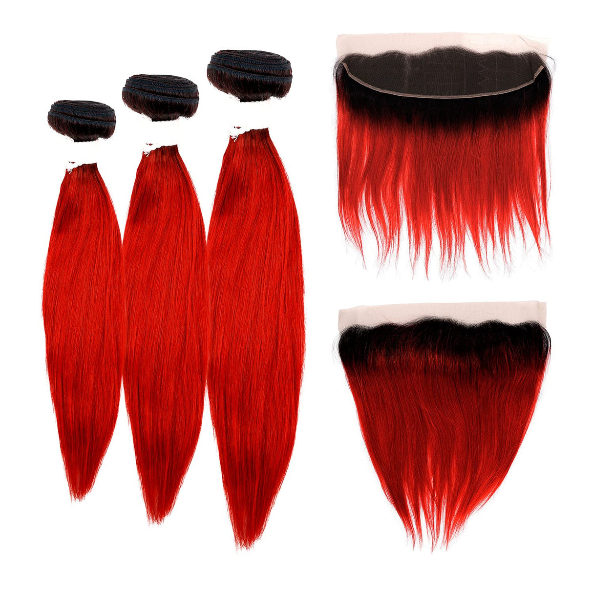 Ali Bundles Unprocessed Brazilian Virgin Human Hair Weave Color Bundles Straight 3Pcs + 13X4 Closure (#OTN/RED) ([16"+18"+20" with12"], OTN/RED)