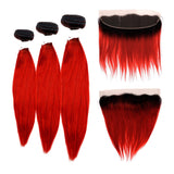 Ali Bundles Unprocessed Brazilian Virgin Human Hair Weave Color Bundles Straight 3Pcs + 13X4 Closure (#OTN/RED) ([16"+18"+20" with12"], OTN/RED)