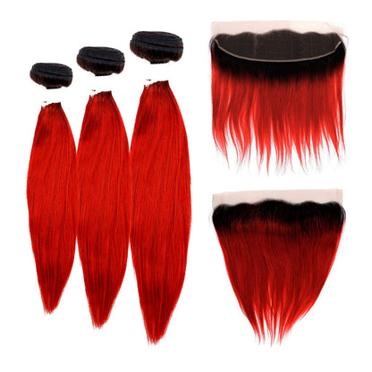 Ali Bundles Unprocessed Brazilian Virgin Human Hair Weave Color Bundles Straight 3Pcs + 13X4 Closure (#OTN/RED) ([16"+18"+20" with12"], OTN/RED)