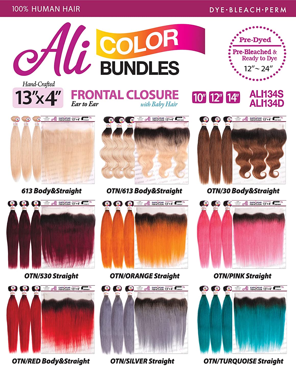 Ali Bundles Unprocessed Brazilian Virgin Human Hair Weave Color Bundles Straight 3Pcs + 13X4 Closure (#OTN/PINK) ([18"+20"+22"with14"], OTN/PINK)