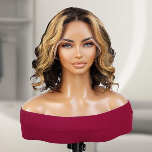 UpScale 100% Human Hair Glueless Pre Plucked 13x4 Lace Frontal Wig Edge Blonde Highlight Wavy Bob 12"