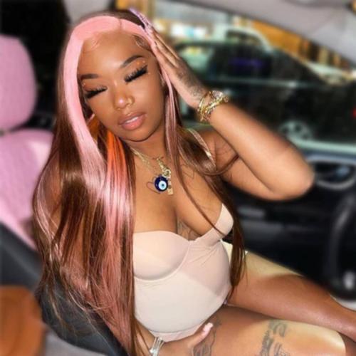 UpScale 100% Human Hair Glueless Pre Plucked 13x6 Lace Frontal Wig Pink Brown Highlight Straight 20"