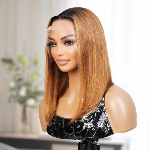 UpScale 100% Human Hair Glueless Pre Plucked 13x4 Lace Frontal Wig Ombre Honey Blonde Bob 14"