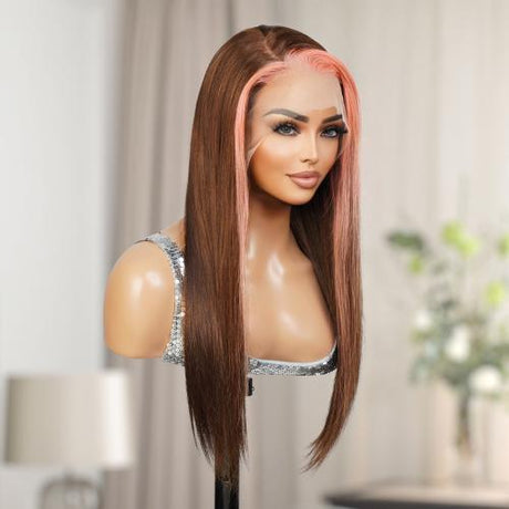 UpScale 100% Human Hair Glueless Pre Plucked 13x6 Lace Frontal Wig Pink Brown Highlight Straight 20"