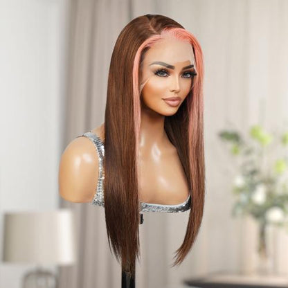 UpScale 100% Human Hair Glueless Pre Plucked 13x6 Lace Frontal Wig Pink Brown Highlight Straight 20"