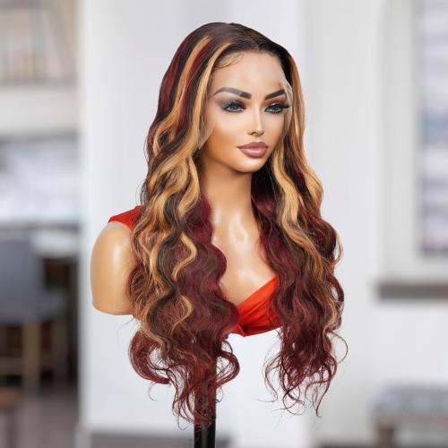 UpScale 100% Human Hair Glueless Pre Plucked 13x6 Lace Frontal Wig Red Blonde Highlight Body Wave 24"