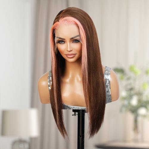 UpScale 100% Human Hair Glueless Pre Plucked 13x6 Lace Frontal Wig Pink Brown Highlight Straight 20"