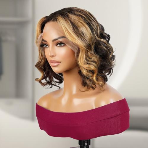 UpScale 100% Human Hair Glueless Pre Plucked 13x4 Lace Frontal Wig Edge Blonde Highlight Wavy Bob 12"
