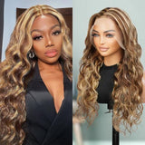 UpScale 100% Human Hair Glueless Pre Plucked 13x4 Lace Frontal Wig Honey Blonde Chunky Highlight Body Wave 24"