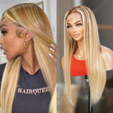 UpScale 100% Human Hair Glueless Pre Plucked 13x4 Lace Frontal Wig Ash Highlight Blonde Straight 22"