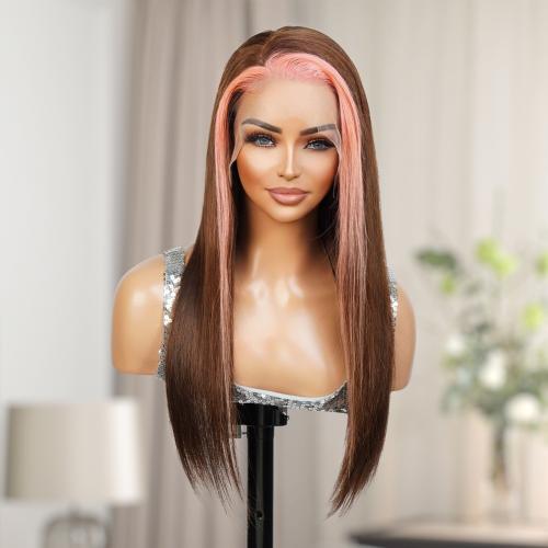 UpScale 100% Human Hair Glueless Pre Plucked 13x6 Lace Frontal Wig Pink Brown Highlight Straight 20"