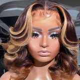 UpScale 100% Human Hair Glueless Pre Plucked 13x4 Lace Frontal Wig Edge Blonde Highlight Wavy Bob 12"