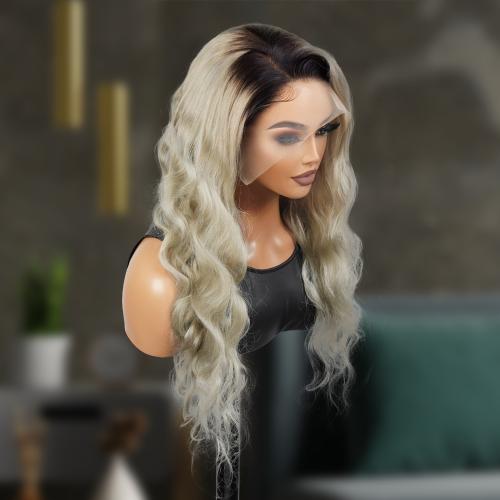 UpScale 100% Human Hair Glueless Pre Plucked 13x4 Lace Frontal Wig Ombre Icy Ash Blonde Body Wave 24"