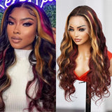 UpScale 100% Human Hair Glueless Pre Plucked 13x6 Lace Frontal Wig Red Blonde Highlight Body Wave 24"