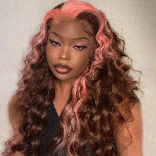 UpScale 100% Human Hair Glueless Pre Plucked 13x6 Lace Frontal Wig Pink Brown Highlight Straight 20"