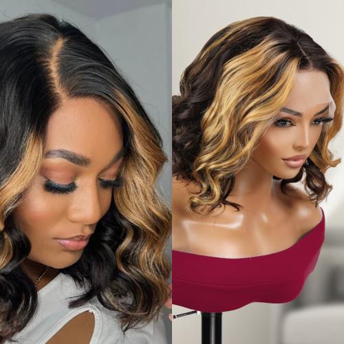 UpScale 100% Human Hair Glueless Pre Plucked 13x4 Lace Frontal Wig Edge Blonde Highlight Wavy Bob 12"
