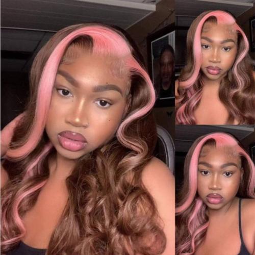 UpScale 100% Human Hair Glueless Pre Plucked 13x6 Lace Frontal Wig Pink Brown Highlight Straight 20"