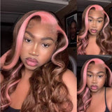 UpScale 100% Human Hair Glueless Pre Plucked 13x6 Lace Frontal Wig Pink Brown Highlight Straight 20"