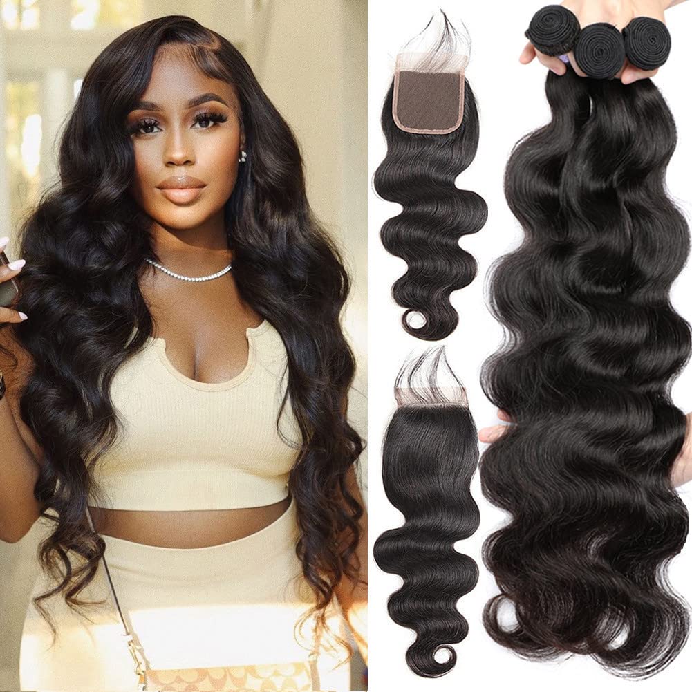 Human Hair Bundles with Closure (22 24 26+20，Free Part) Body Wave Bundles with Lace Closure Brazilian Human Hair Weave Bundles with Closure Virgin Hair Weft 150% Density Natural Color Find Your New Look Today!